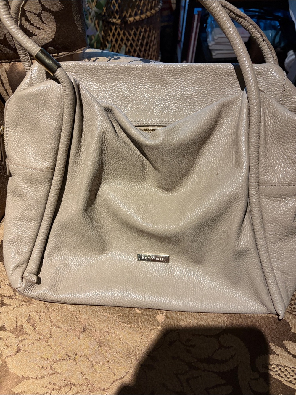 Ron White Taupe Leather Shoulder Tote - Soft Pebbled Finish